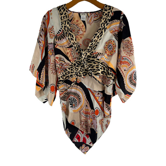Cache Tops - Cache Animal & Paisley Print Orange Peach Black Brown Silk Blouse Small EUC